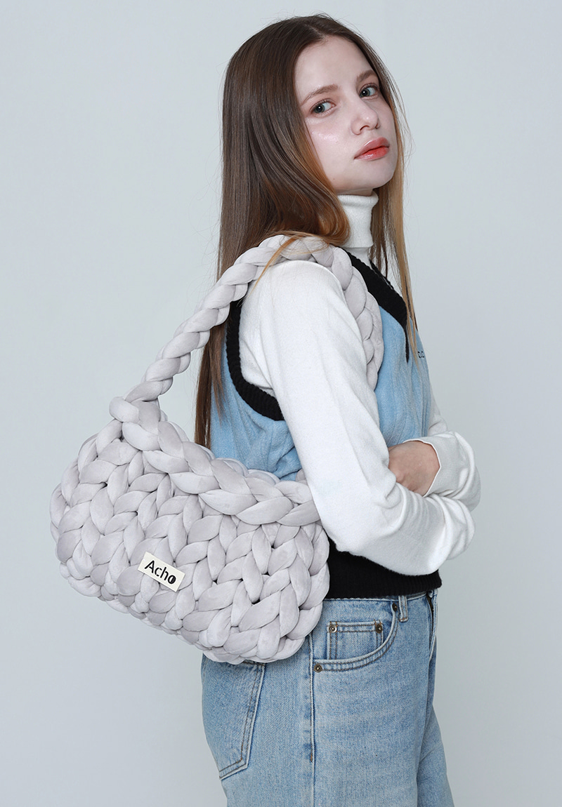 Velvet Knitted Pongpong Shoulder Bag_Gray