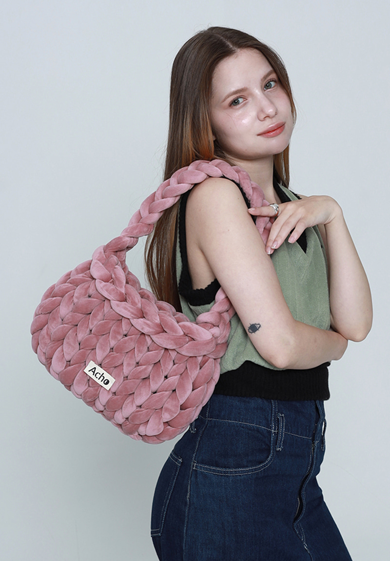 Velvet Knitted Pongpong Shoulder Bag_Deep Pink